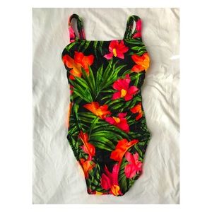 Retro Circa 1980s Inches Away Vintage One Piece Tropical Swimsuit Tall